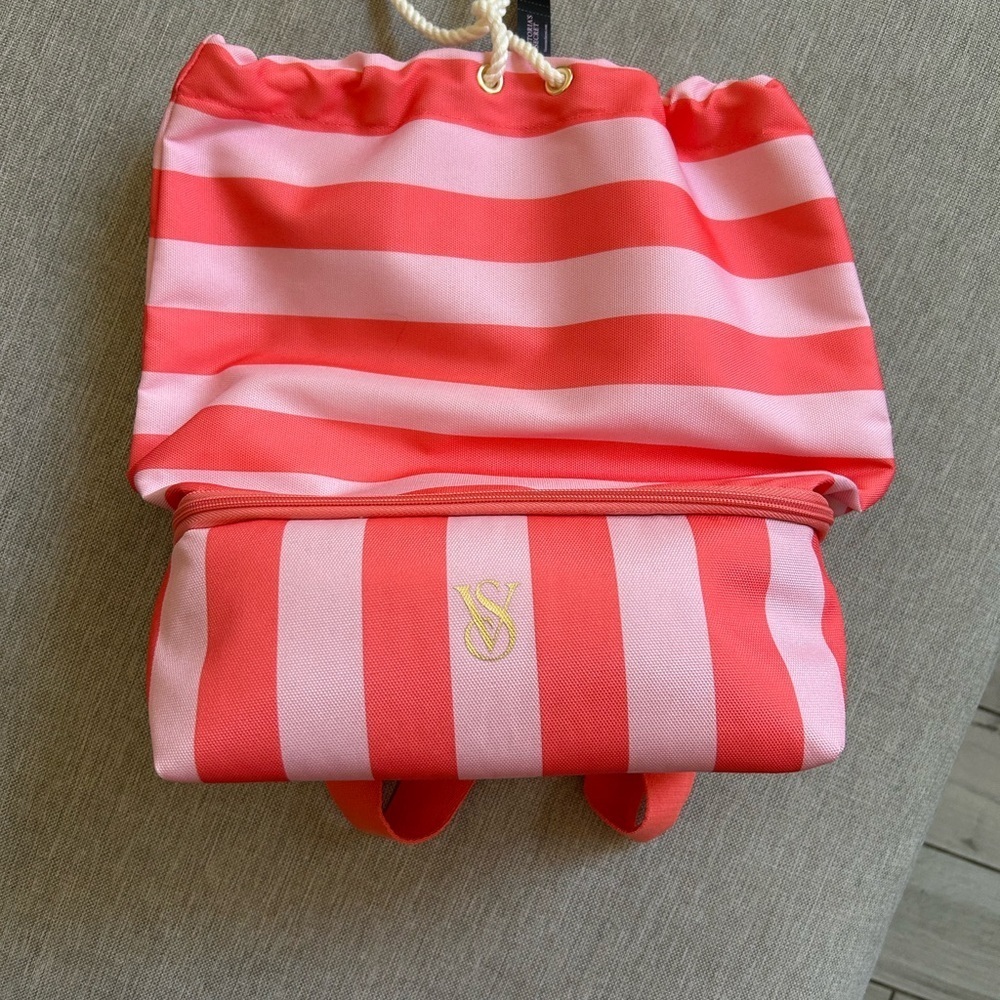 Victoria's Secret Pink & Coral Striped Drawstring Backpack